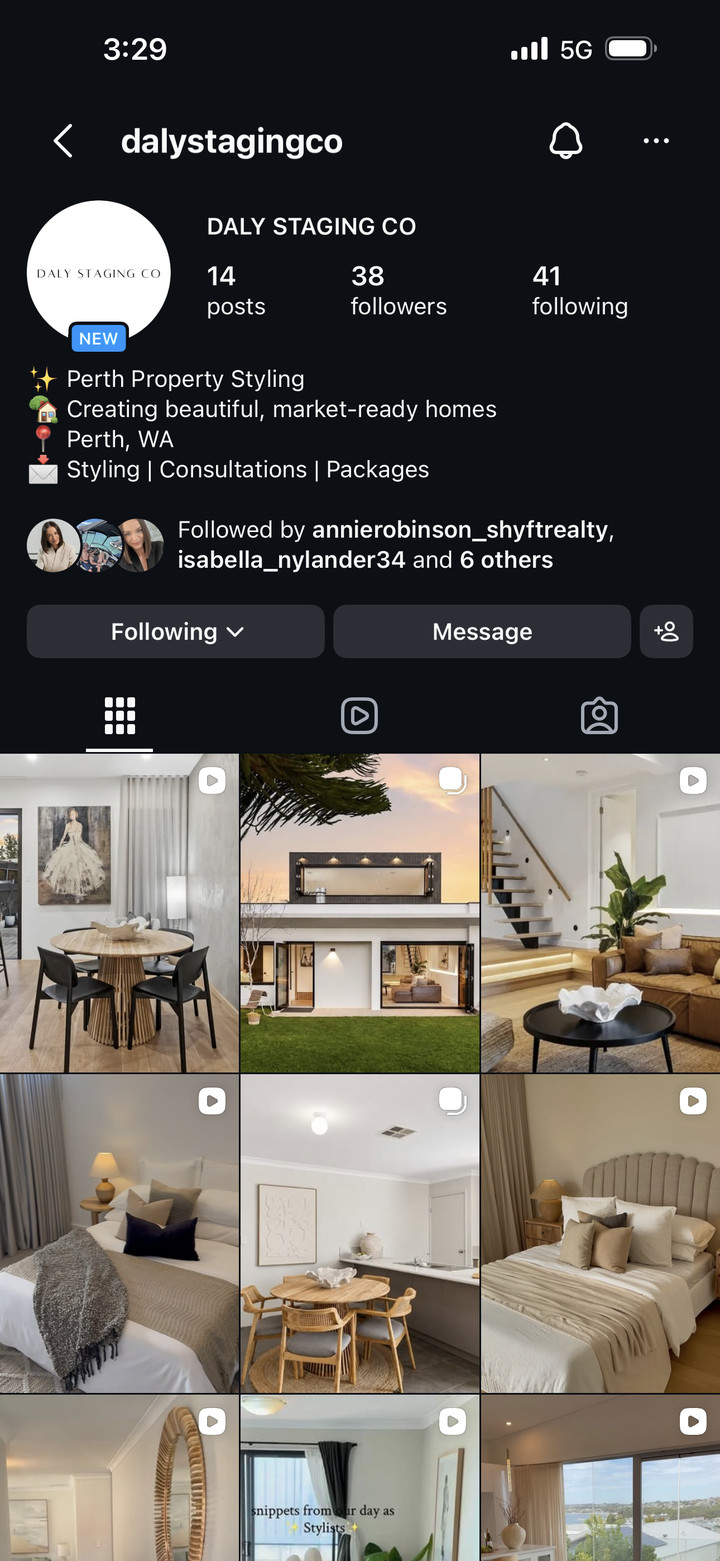 The Daly Staging Co Instagram profile, showing styled kitchens, bedrooms and living rooms